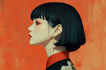 Elegant Asian Woman in Profile with Bob Haircut and Traditional Earrings against a Burnt Orange