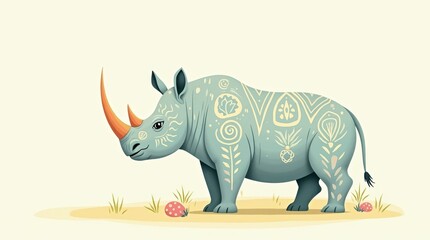Fototapeta premium Cute pastel easter egg rhino in minimal page setting surrounded by grass and mushrooms