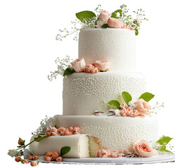 A stunning three-tiered white wedding cake adorned with delicate pearl-like icing, blush roses, and greenery, with a slice removed to reveal its soft interior.