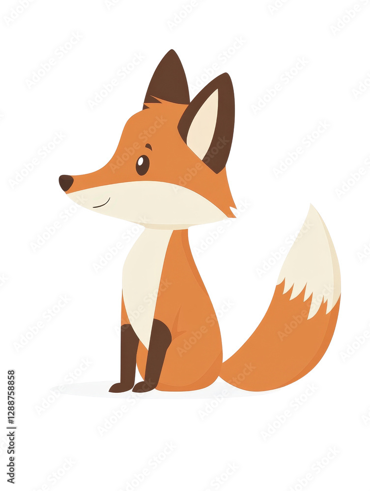 Poster cartoon fox character sitting on the ground in a playful pose with a cheerful expression isolated on