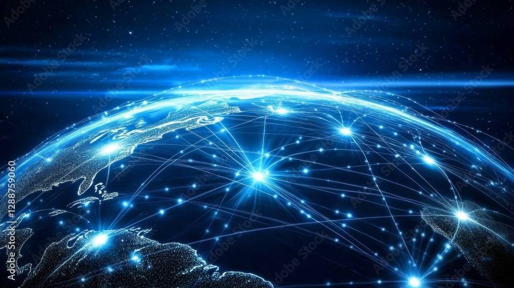 Poster glowing lines connect the world global focus animated visualization digital space closeup perspectiv