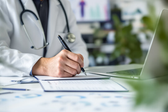 A doctor is writing notes on a clipboard while focusing on their laptop. Bright workspace with plants and charts in the background. Professional setting typical of healthcare environments