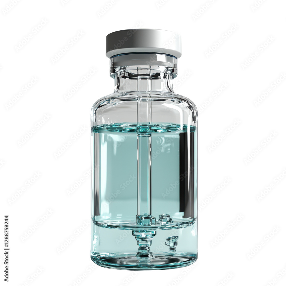 Poster glass bottle with a white cap and unique label design on a plain background for product display isol