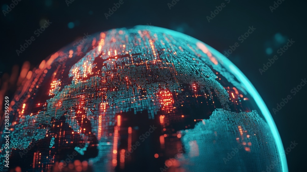 Poster connecting digital routes on a globe global visual representation digital environment close-up view 