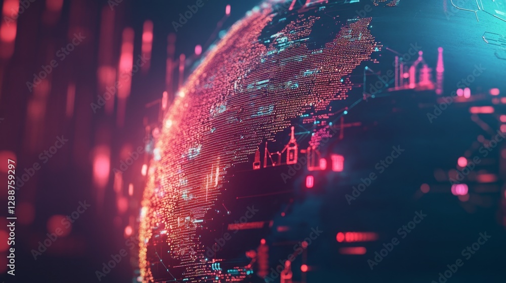 Poster connecting digital routes across a globe global view digital art futuristic style