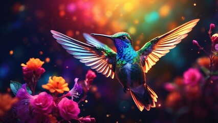 Obraz premium A vibrant, digitally rendered hummingbird is depicted mid-flight against a dark background