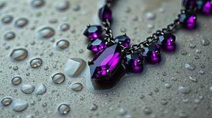 Purple gemstone necklace with water droplets for jewelry ads, fashion blogs, and rainy day promotions