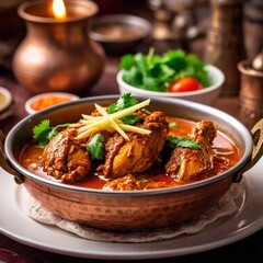 A dish of chicken karahi with spicy tomato-based gravy, fresh coriander, and sliced ginger 2