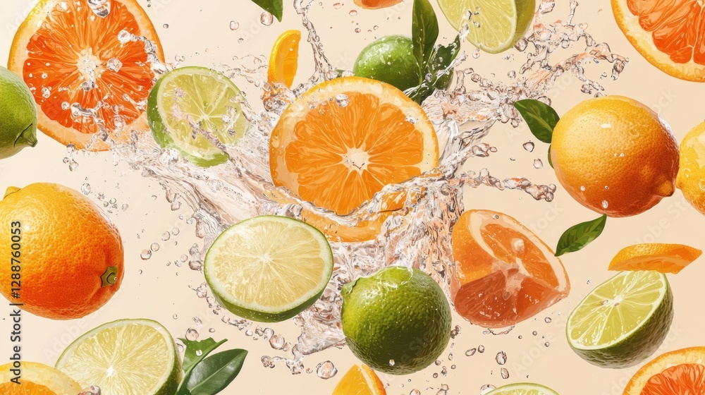 Poster fresh citrus fruits splashing in clear water creating vibrant patterns and energy in a well-lit back