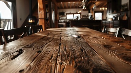 Fototapeta premium A rustic wooden table top with a blurred image of a kitchen in the background.