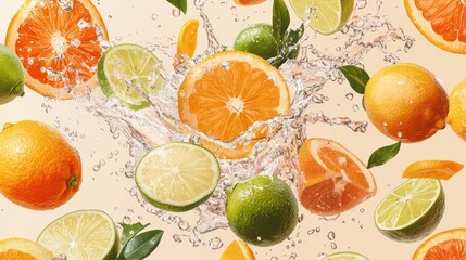 Fresh citrus fruits splashing in clear water creating vibrant patterns and energy in a well-lit backdrop