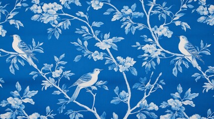 Blue Floral Bird Pattern, Chinoiserie , Wallpaper