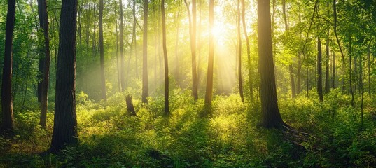 Naklejka premium Sunbeams in a misty forest