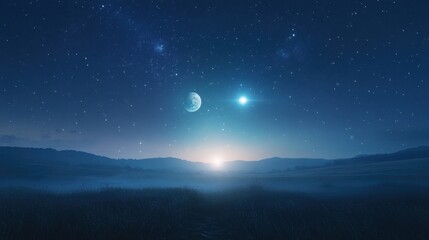 Fototapeta premium A quiet countryside night with two planets shining brightly, filling the sky with a mystical glow.