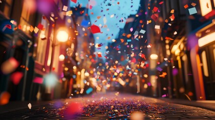 Fototapeta premium Confetti Rain on City Street Festive Celebration, Cityscape, Party