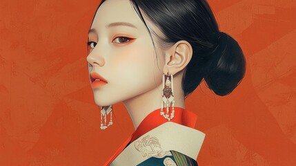 Elegant Asian Woman in Traditional Hanbok Dress, Digital Art Portrait