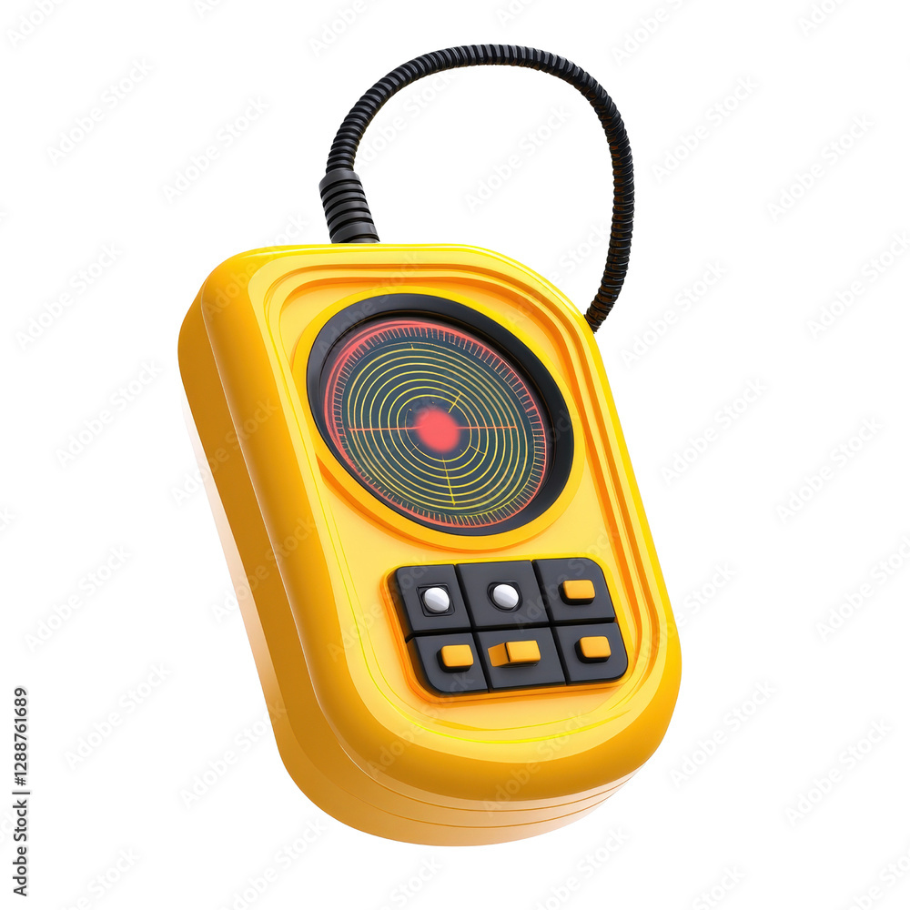 Poster yellow device with black cord and unique identification number against a simple background isolated 