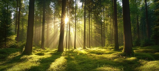 Sunlight streams through forest trees (2)