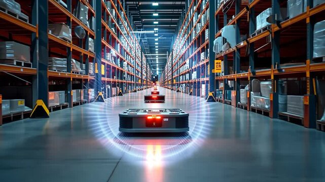 Autonomous AI-powered robots move efficiently through a high-tech warehouse, scanning inventory and optimizing logistics. The futuristic scene showcases advanced automation in modern supply chain mana
