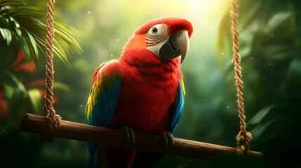 Obraz premium A vibrant scarlet macaw perched on a swing, surrounded by lush rainforest foliage and dappled sunlight.
