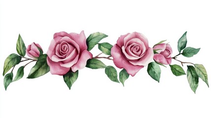 Pink Watercolor Roses Border with Green Leaves,Floral ,Decoration
