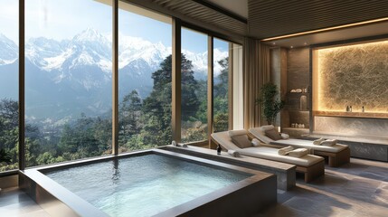 Fototapeta premium A lavish spa room in a mountain resort, with large windows framing a view of the majestic snow-capped mountains and lush forests.