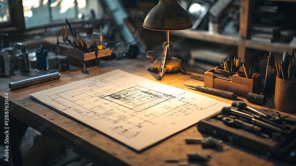 Poster analyzing building blueprint under lamp light in workshop environment