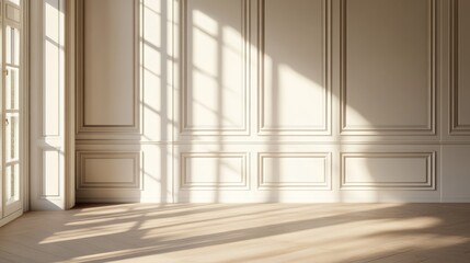 Fototapeta premium Sunlit Beige Room Paneled Wall, Wood Floor and Window Shadow, Interior ,Design