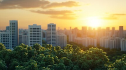 Obraz premium Urban Sunrise Green Trees Silhouette Against City Skyline at Dawn, cityscape , sunrise
