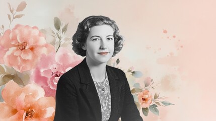 Vintage Portrait with Floral Watercolor Backdrop, elegance, art