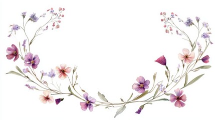 Watercolor Floral Wreath Purple and Pink Wildflowers on White, botanical , floral design