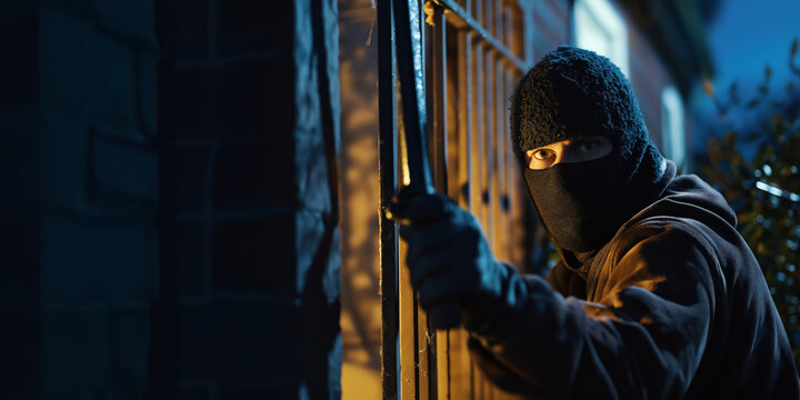 Criminal burglar thief man wearing mask and holding a crow bar, copy space on night house