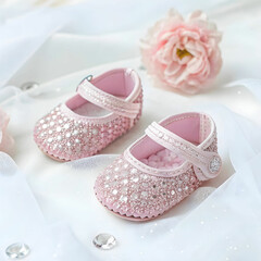 crystal pink baby shoes on white background
