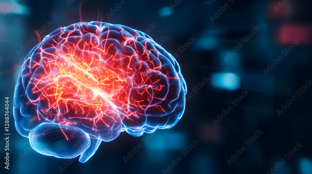 Poster a vivid digital representation of a brain with glowing neural connections, showcasing the complexity