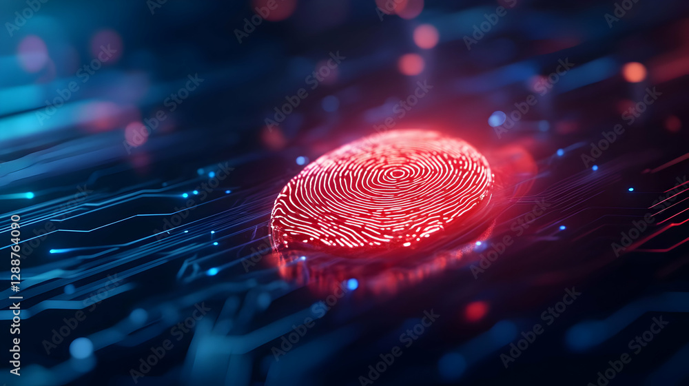 Poster a vivid digital representation of a fingerprint on a circuit board, showcasing modern security techn