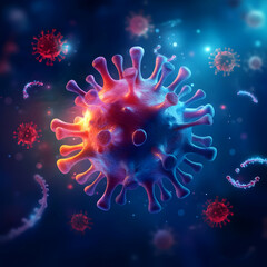 A vivid depiction of a virus, showcasing its intricate structure and vibrant colors, representing modern scientific study.