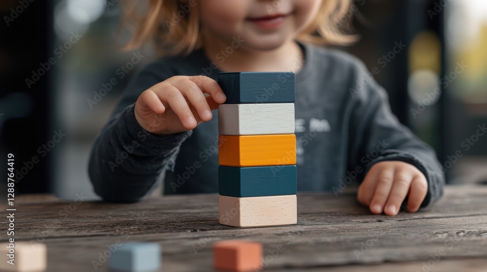 Poster a child builds a colorful block tower on a wooden table, showcasing creativity and focus in a playfu