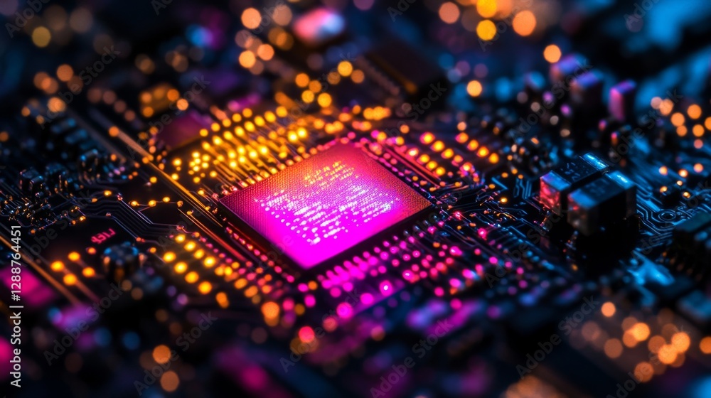 Aufkleber illuminating semiconductor nano device laboratory photo high-tech environment macro view glowing con