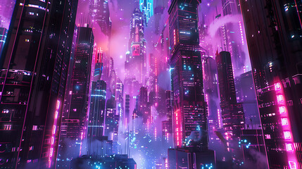 Obraz premium Futuristic cyberpunk city glowing with holographic neon lights