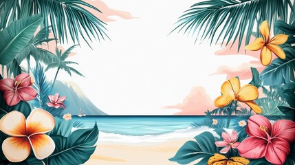 Hawaiian Island Tropical Hibiscus Flowers with Palm Leaves