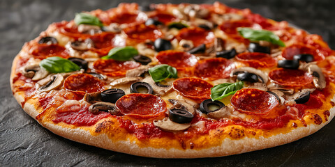 Delicious pepperoni pizza with mushrooms and black olives on crust