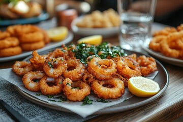 Fototapeta premium Delicious fried calamari rings with lemon wedge and parsley on a plate Crispy golden and ready to enjoy!