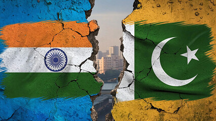 Cracked Wall with India and Pakistan Flags Amidst Urban City escape 