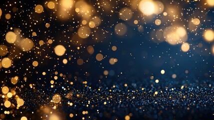 A mesmerizing background of shimmering golden particles against a dark blue backdrop, creating a festive and elegant atmosphere.