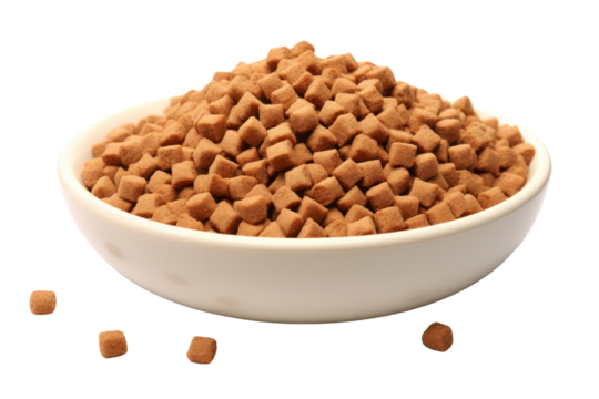 Close-up of dry kibble for cats or dogs in a ceramic bowl, isolated on white background