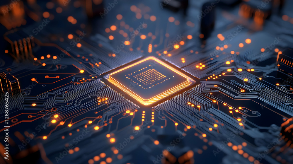 Poster close-up of a circuit board showcasing a glowing microchip, highlighting technological advancement a