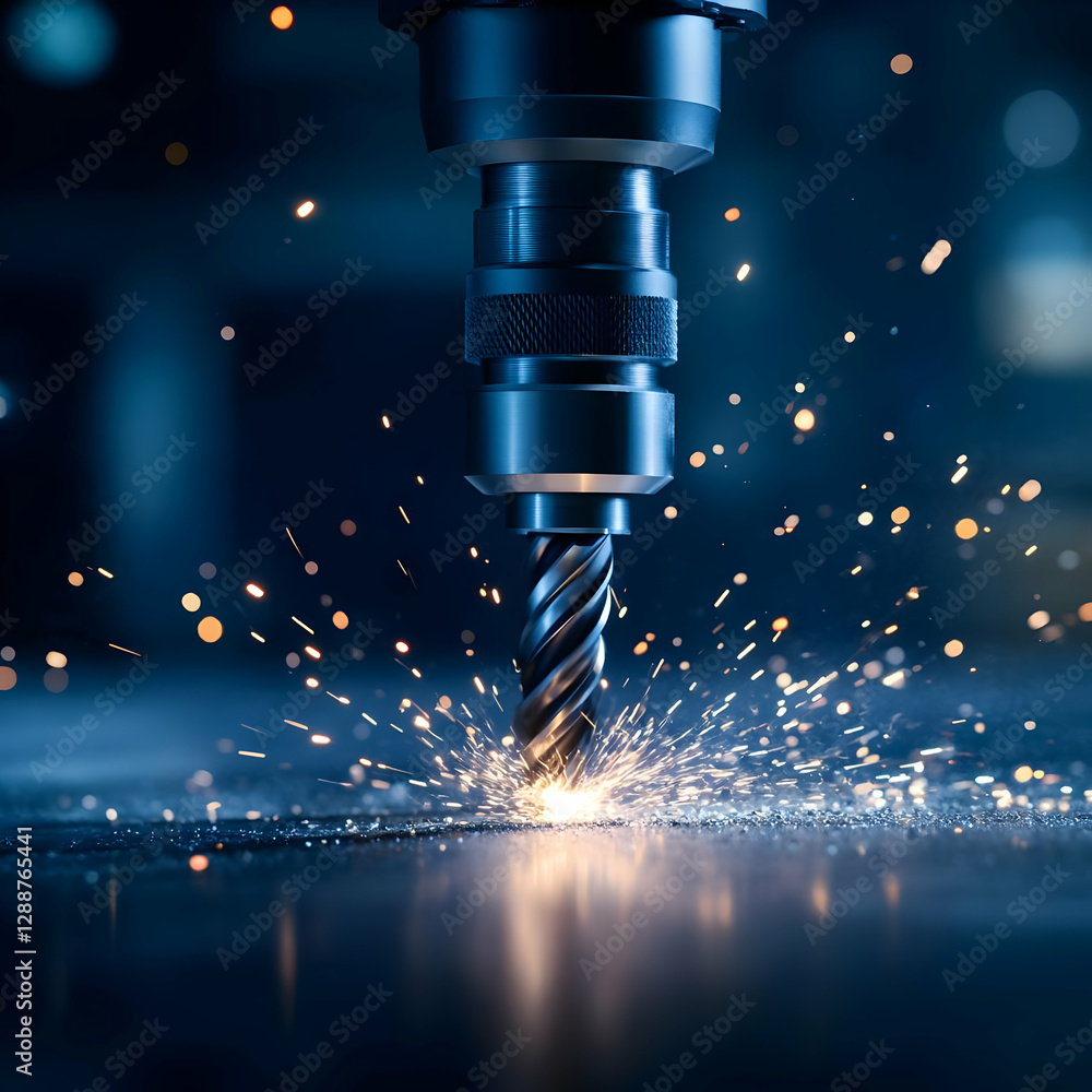 Poster close-up of a cutting tool in action, creating sparks in a dark environment, showcasing precision an