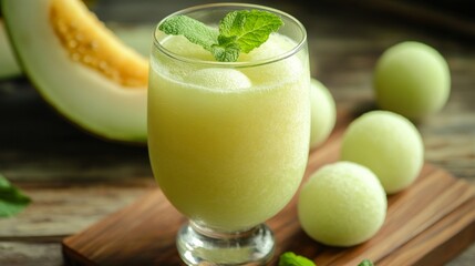 Refreshing Melon Beverage with Mint Garnish and Melon Spheres