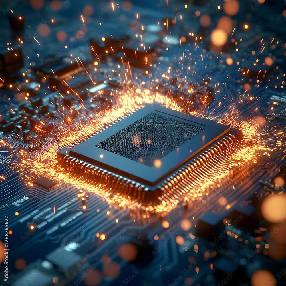 Poster close-up of a microchip with glowing sparks, illustrating advanced technology and innovation in elec