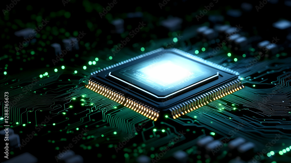 Aufkleber close-up of a microprocessor on a circuit board, showcasing intricate details and glowing lights, sy